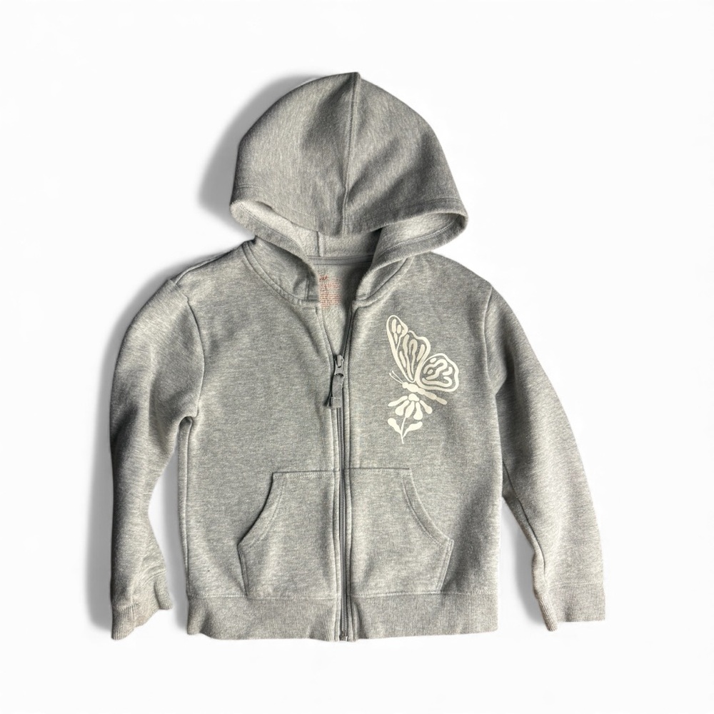 Cat & Jack Heather Gray Fleece Girl Hoodie with Butterfly Accent Zip Up SZ XS4/5